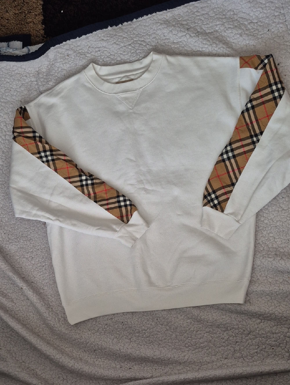 Burberry Style Cream Crewneck Sweater with Tan Plaid Sleeve Stripes